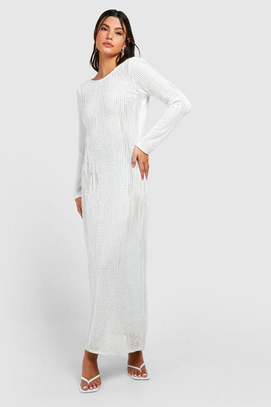 Cream Cowl Back Sheer Knitted Maxi Dress image number 1