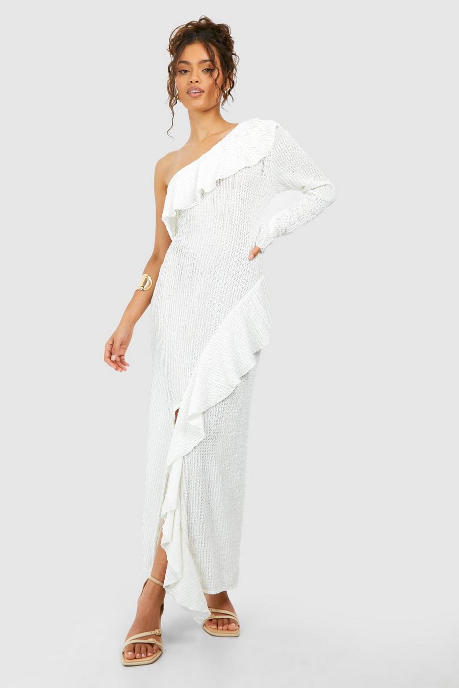 Vestito longuette monospalla in maglia semi-trasparente con arricciature, Cream image number 1