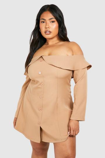 Camel Beige Plus Woven Off The Shoulder Mini Dress