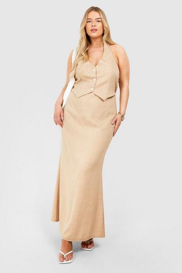 Stone Beige Plus Woven Pinstripe Tailored Maxi Skirt