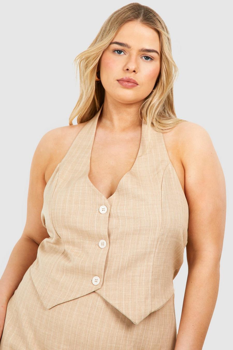 Gilet sartoriale Plus Size a righe verticali, Sand image number 1
