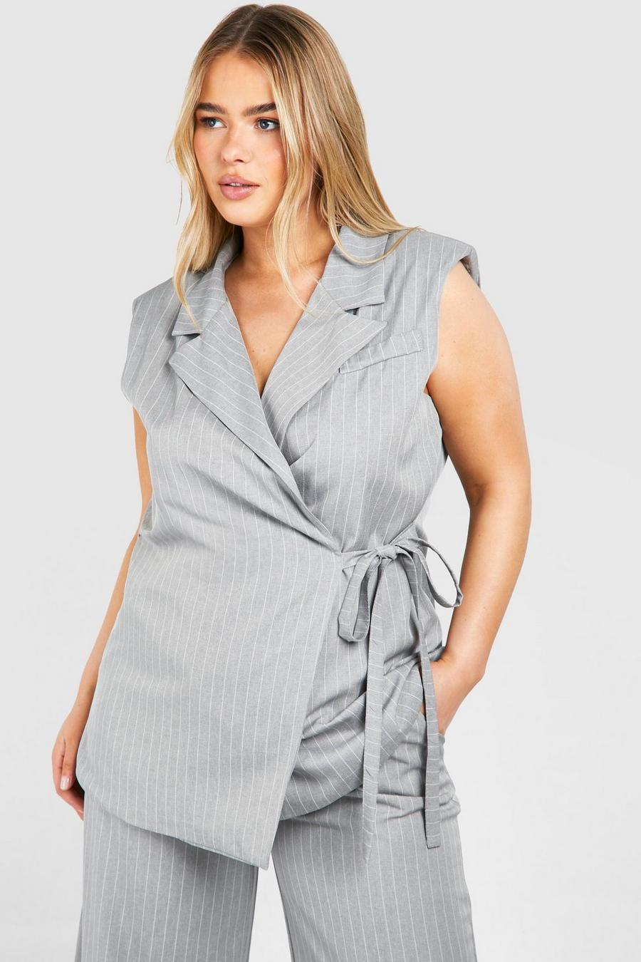 Blazer scaldacuore Plus Size smanicato a righe verticali, Light grey image number 1