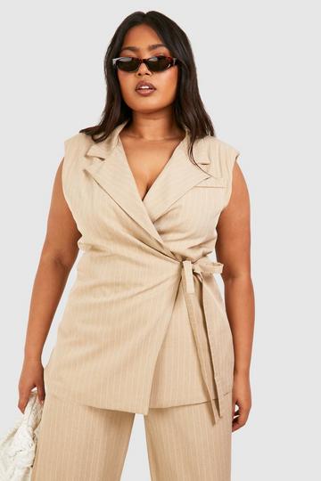 Plus Woven Pinstripe Wrap Sleeveless Blazer sand