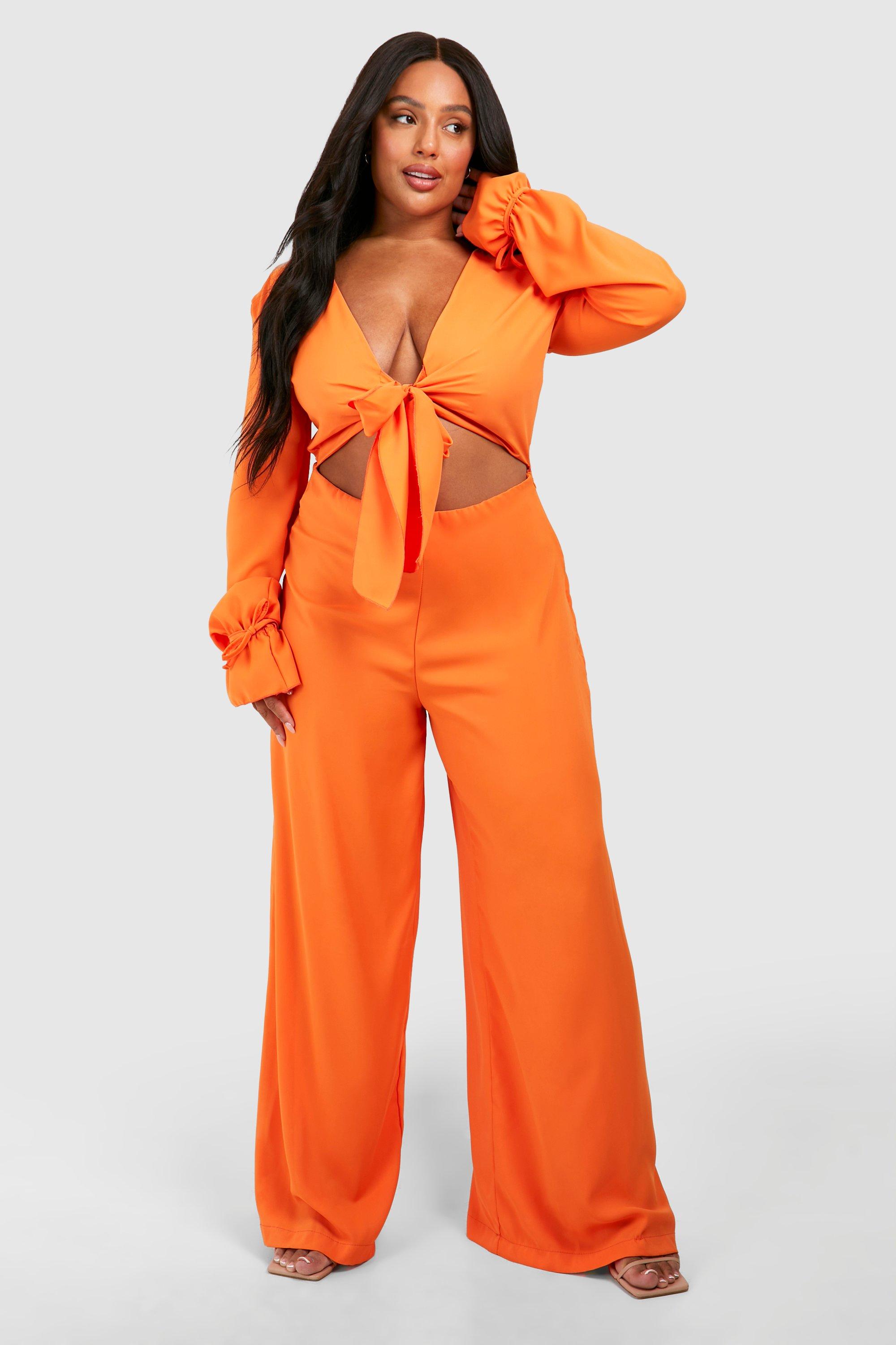 Plus Woven Knot Front Long Sleeve Jumpsuit