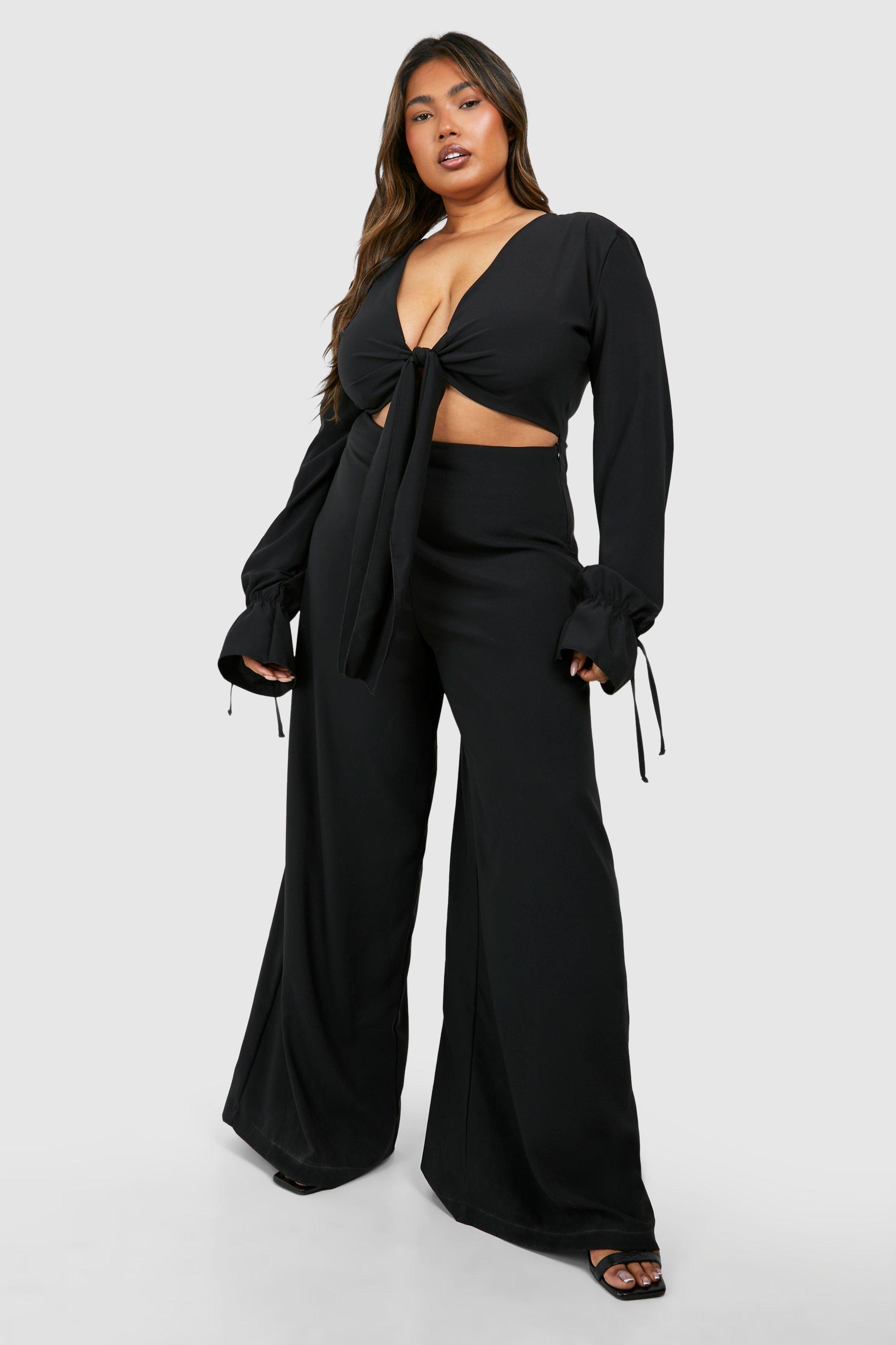 Plus Woven Knot Front Long Sleeve Jumpsuit boohoo