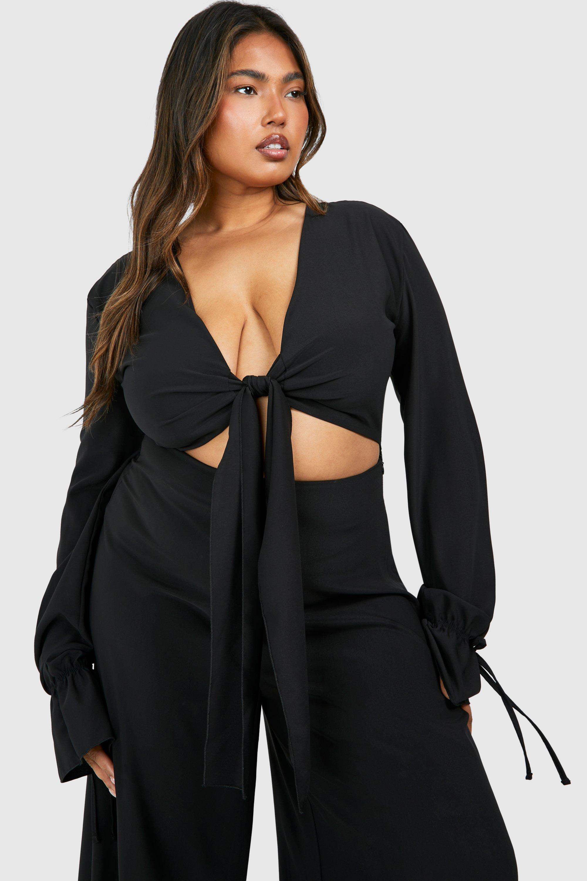 Plus Woven Knot Front Long Sleeve Jumpsuit