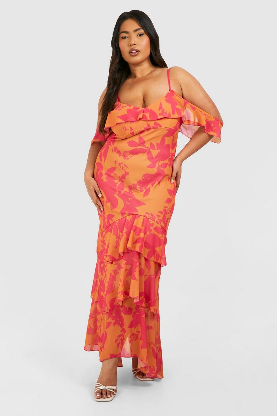 Orange Plus Floral Print Chiffon Frill Detail Midaxi Dress 