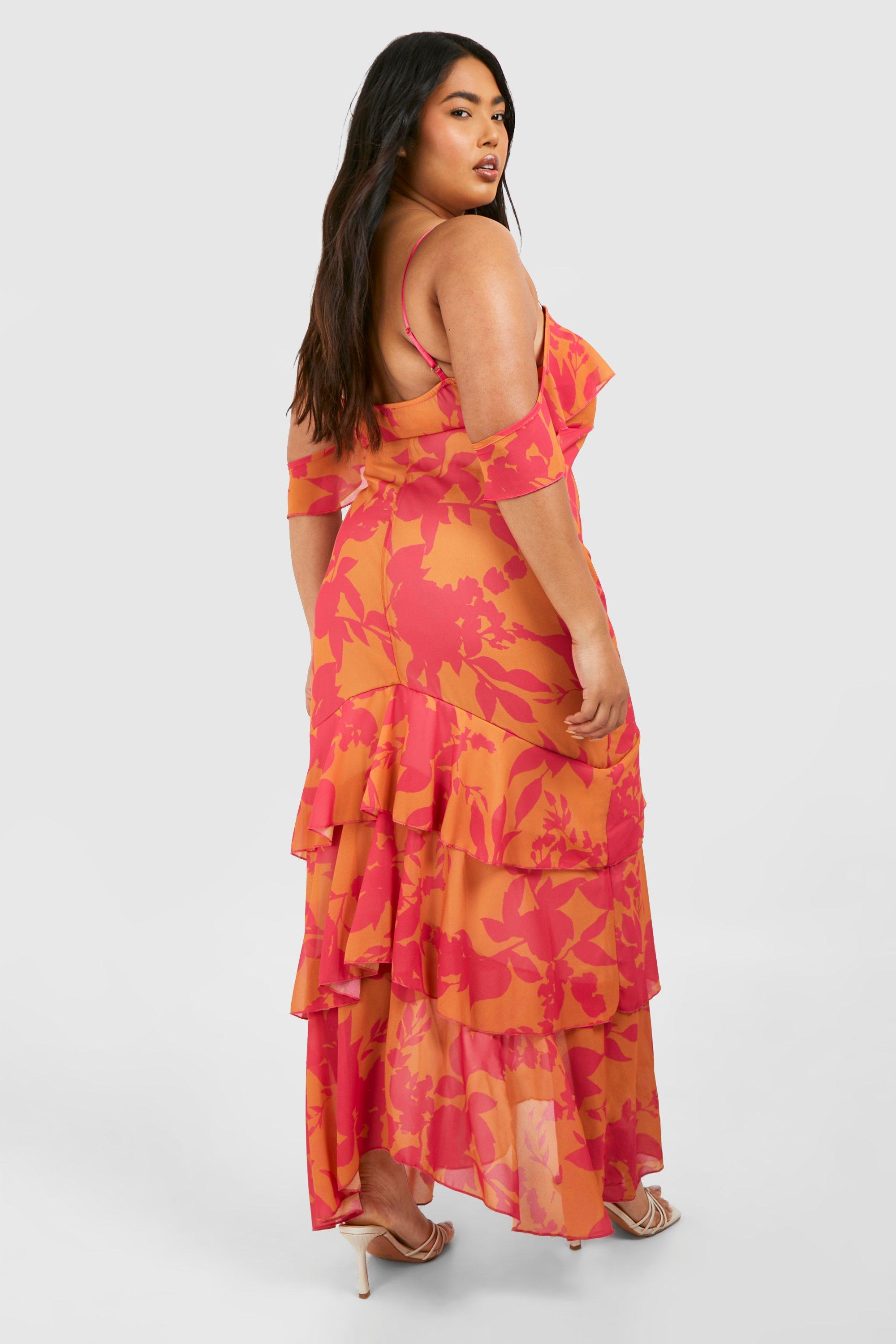 Plus Floral Print Chiffon Frill Detail Midaxi Dress