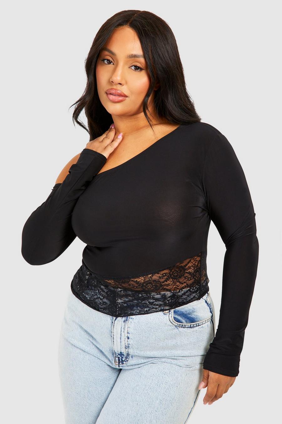 Top Plus Size in pizzo con spalle scoperte, Black image number 1