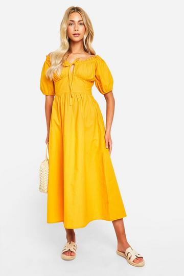 Orange Puff Sleeve Midaxi Dress