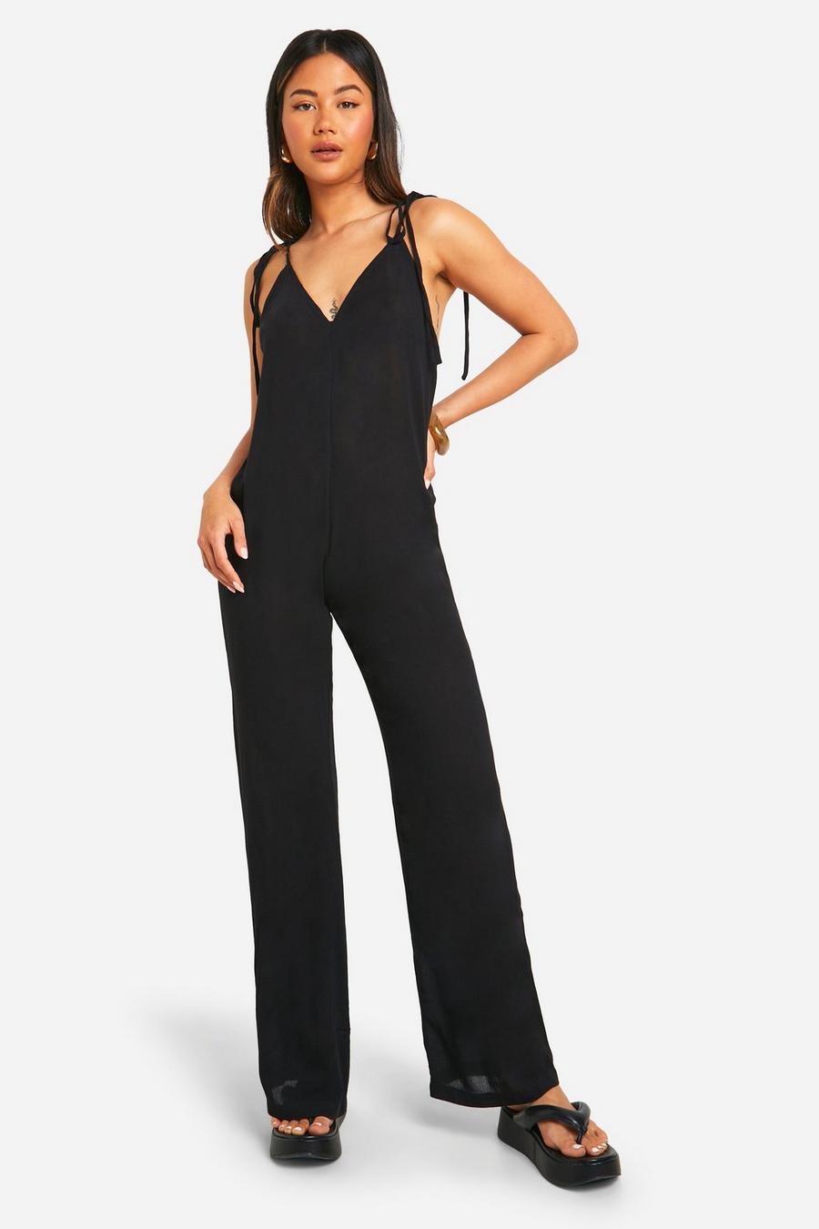 Black Strappy Cheesecloth Wide Leg Jumpsuit image number 1