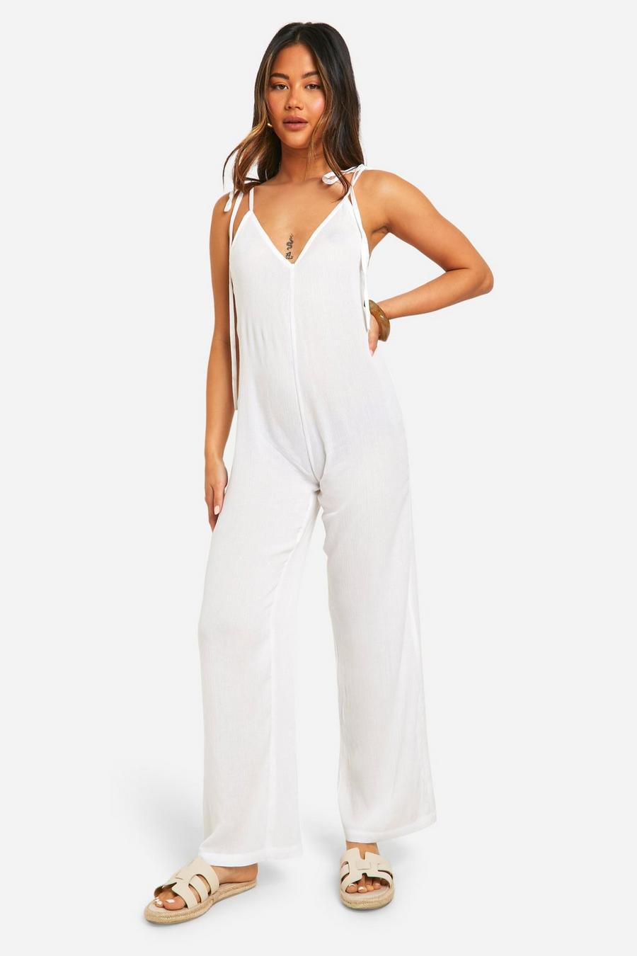 White Strappy Cheesecloth Wide Leg Jumpsuit image number 1