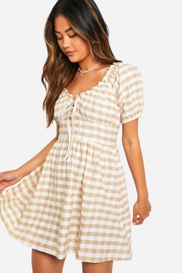 Multi Gingham Seersucker Puff Sleeve Mini Dress