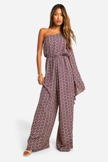 Flare Sleeve Printed Satin Jumpsuit chocolate