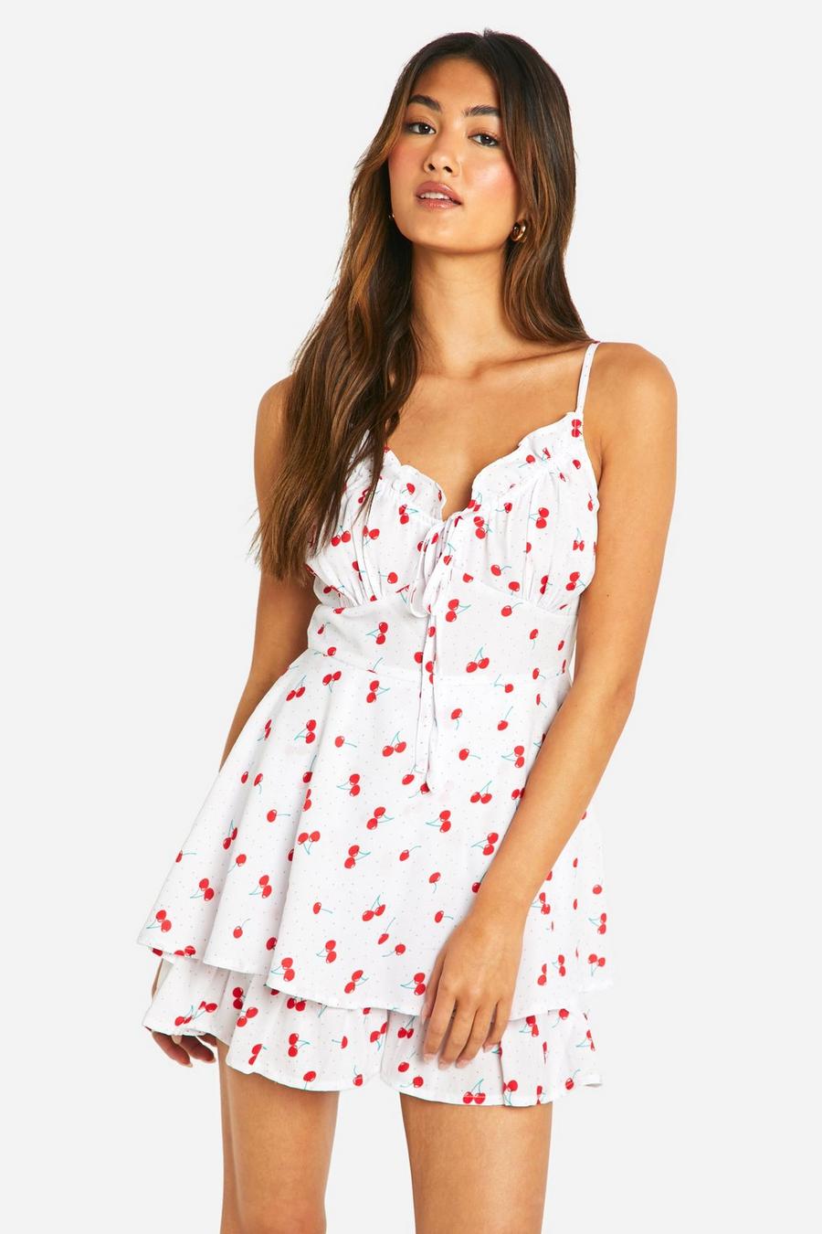 White Cherry Tie Front Ruffle Romper image number 1