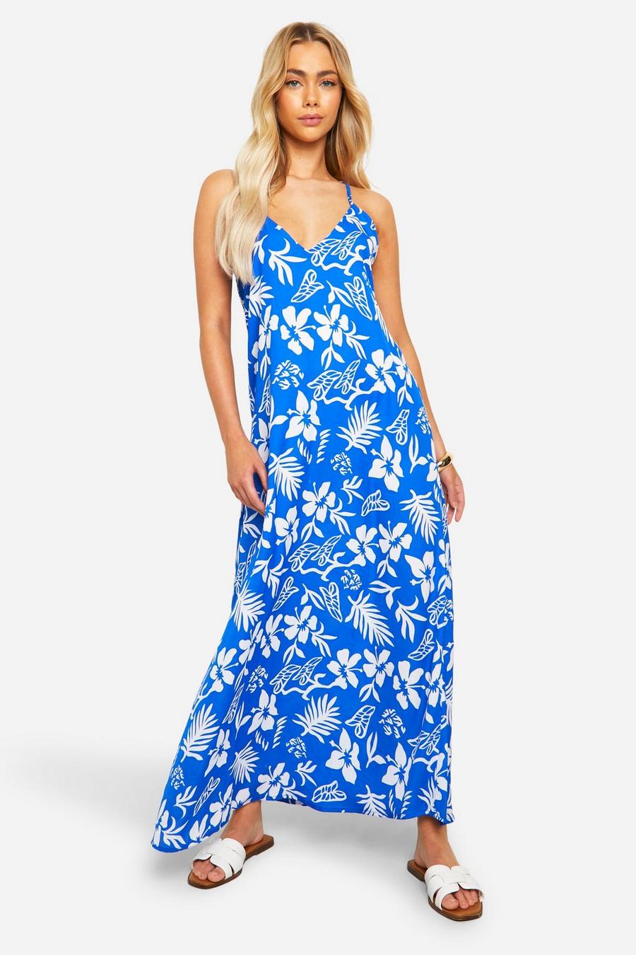 Blue Hibiscus V Neck Strappy Maxi Dress