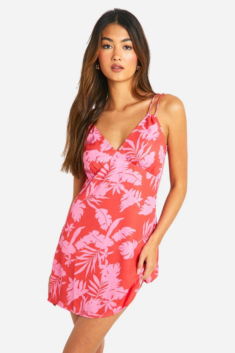 Pink Tropical Double Strap Mini Dress