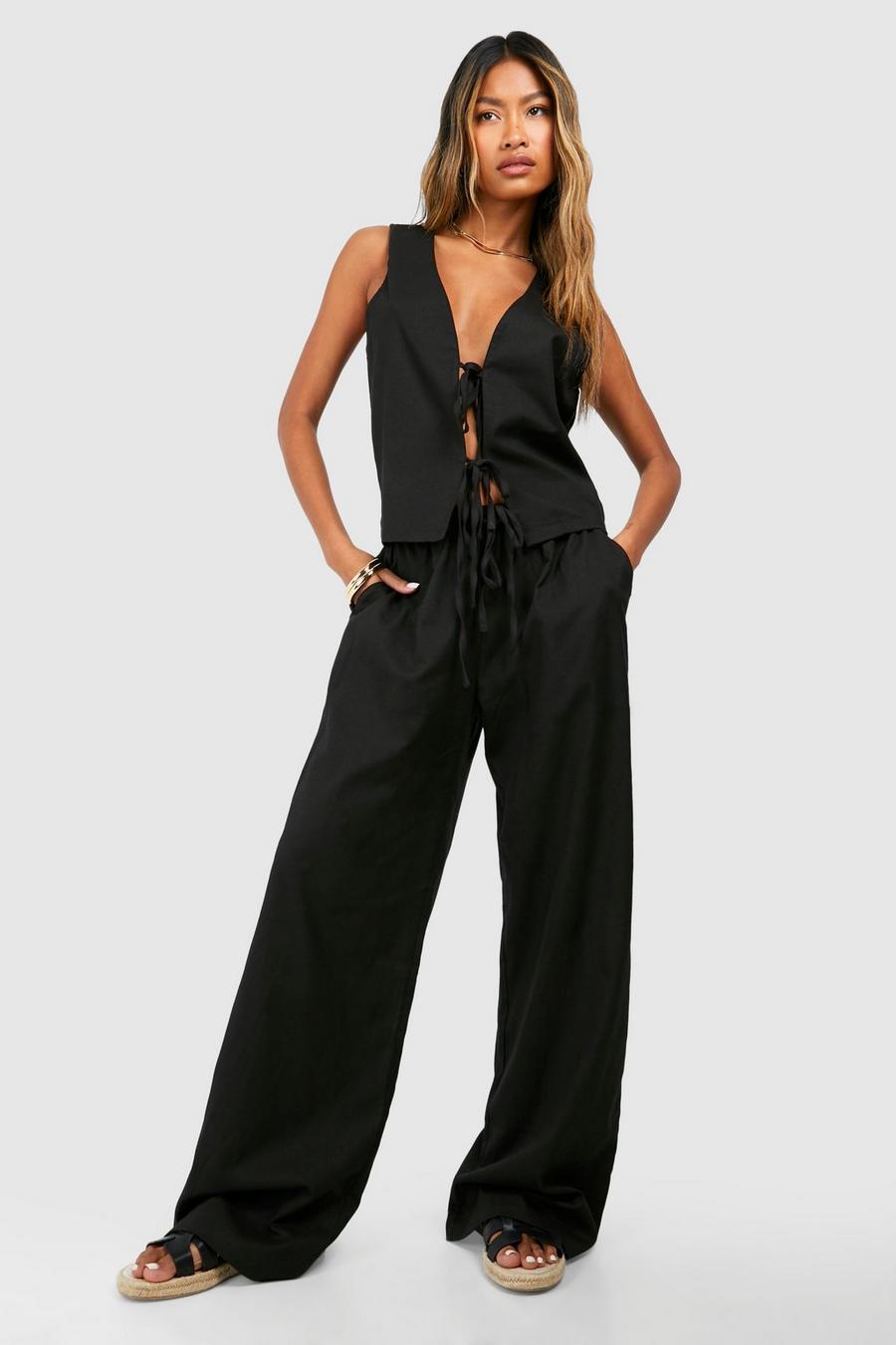 Pantalón de pernera ancha y top crop efecto lino con atadura frontal, Black