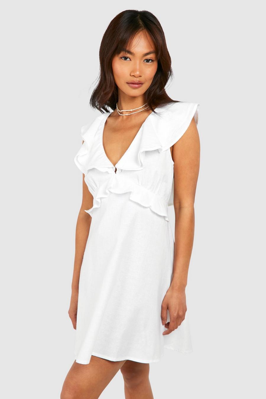 White Ruffle Tie Back Mini Dress image number 1