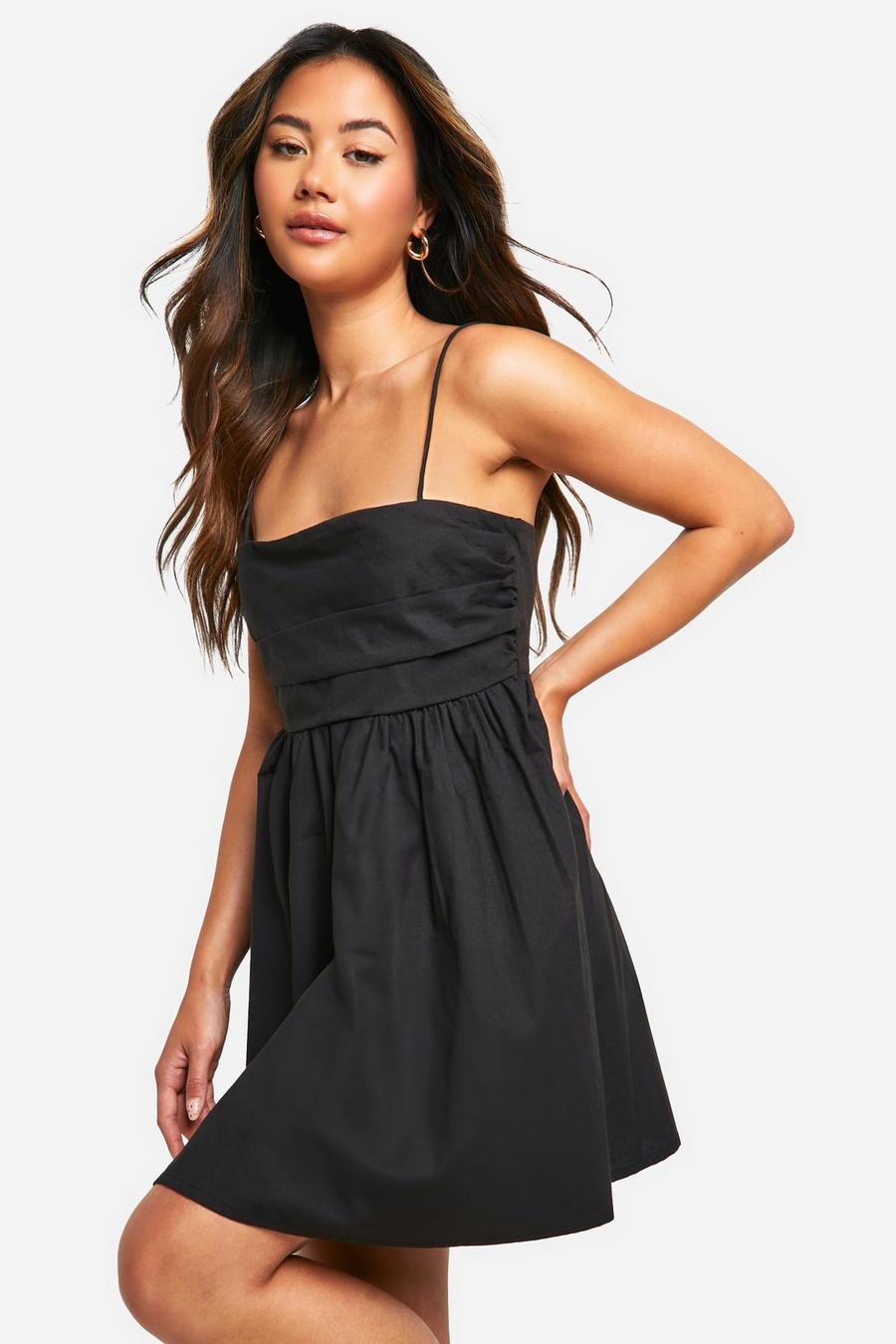 Black Cotton Poplin Ruched Mini Dress