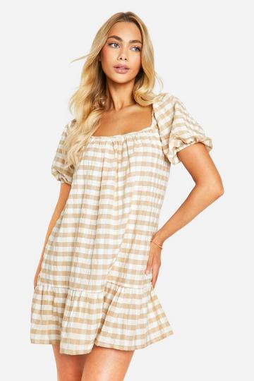 Stone Beige Gingham Tiered Smock Dress