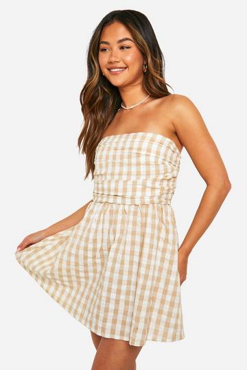 Stone Beige Gingham Ruched Bandeau Dress