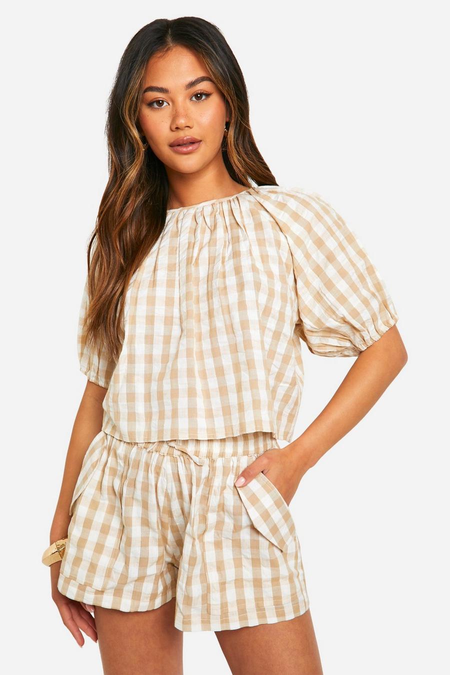 Stone Gingham Puff Sleeve Top & Short Co-ord image number 1