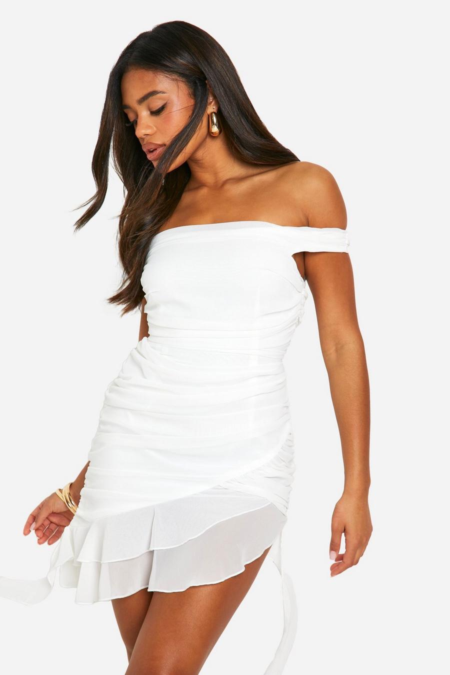 White Chiffon Ruffle Ruched Mini Dress image number 1