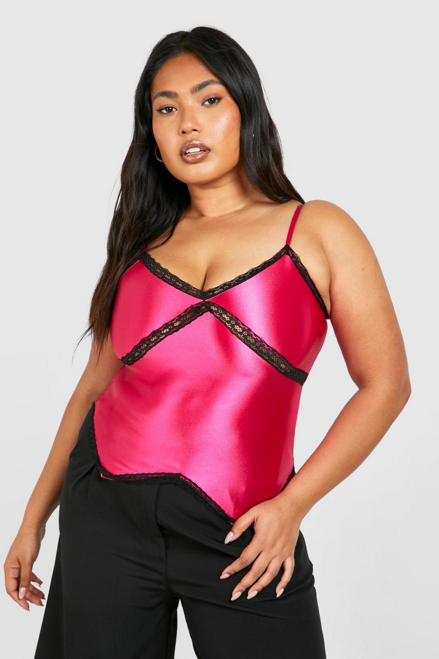 Top smanicato Plus Size in raso Stretch in pizzo, Pink image number 1