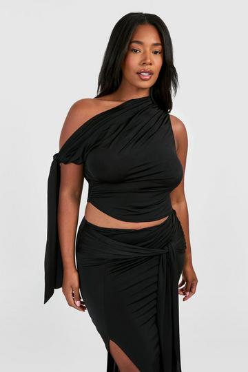 Black Plus Tie Sleeve Asymmetric Top