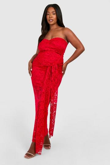 Plus Strapless Lace Bodycon Dress dark red