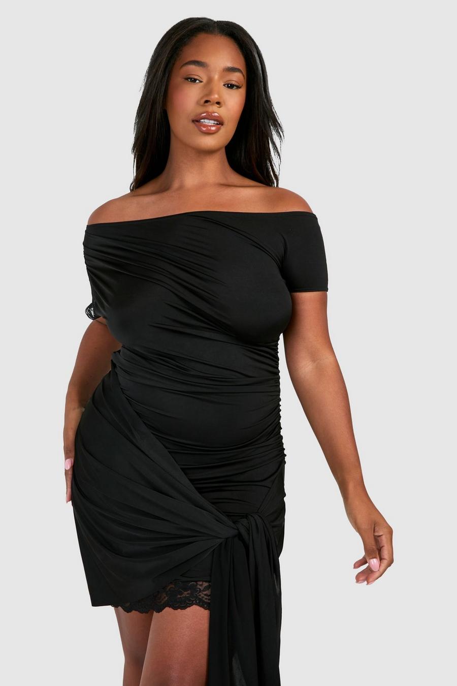 Black Plus Lace Trim Off The Shoulder Tie Mini Dress image number 1