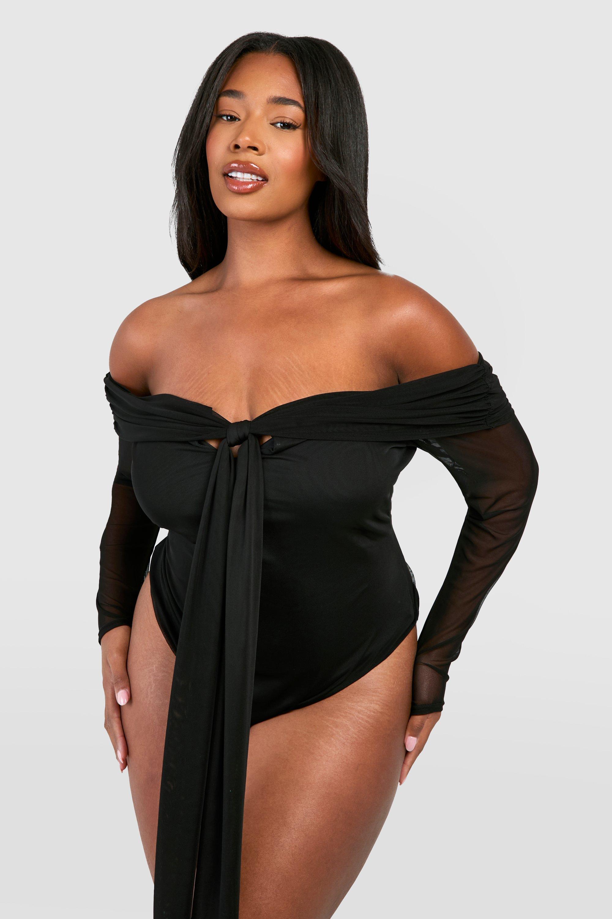 boohoo Plus Long Sleeve Keyhole One Piece Black Size 24