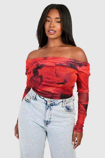 Plus Bardot Floral Long Sleeve Bodysuit floral