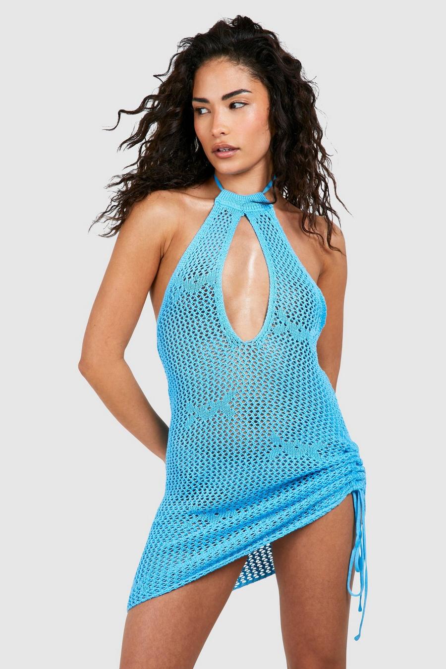 Blue Petite Crochet Keyhole Mini Beach Dress