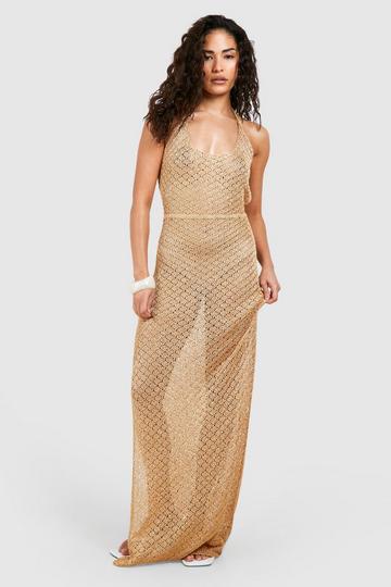 Petite Sequin Knit Backless Maxi Beach Dress gold