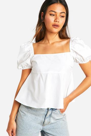 White Puff Sleeve Cotton Poplin Peplum Top