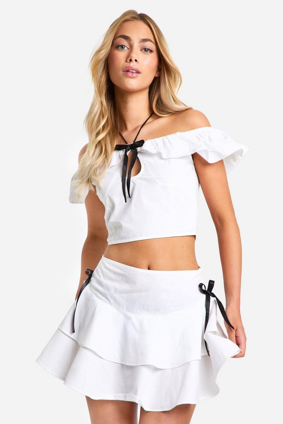 White Cotton Poplin Contrast Bow Tiered Mini Skirt 
