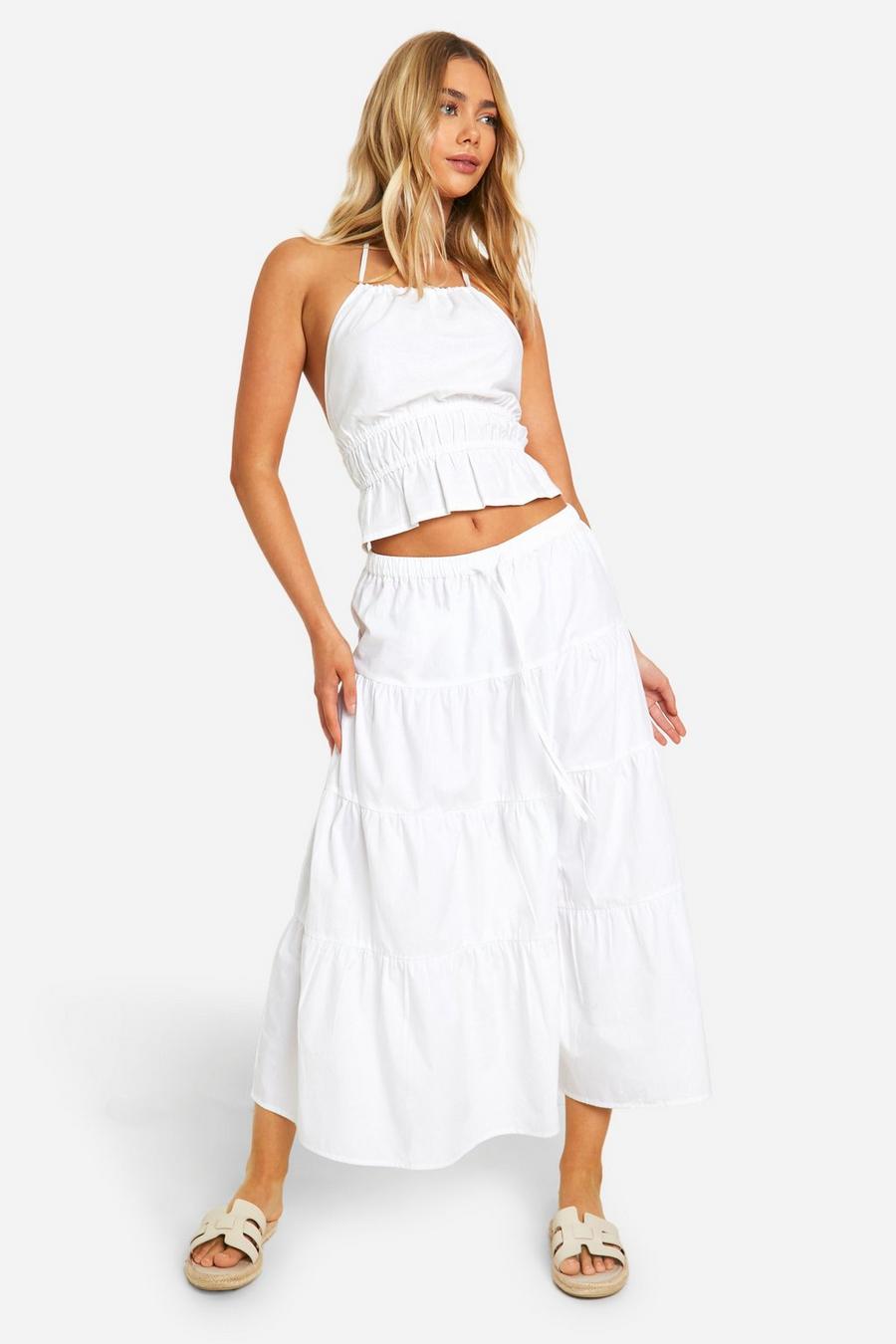 White Cotton Poplin Tiered Midaxi Skirt  image number 1