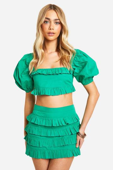 Green Cotton Poplin Puff Sleeve Ruffle Crop Top