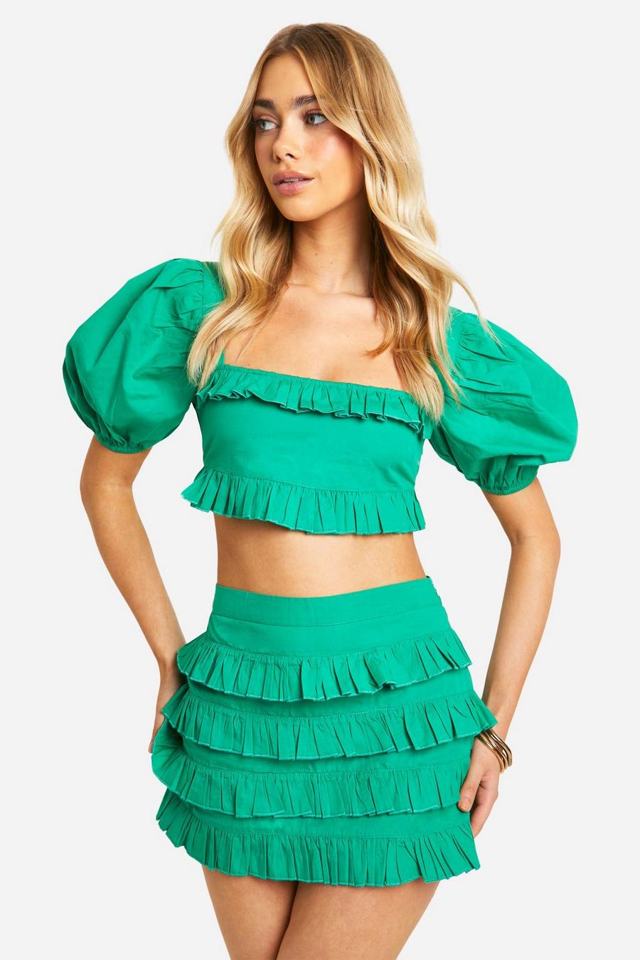 Green Cotton Poplin Ruffle Mini Skirt  image number 1