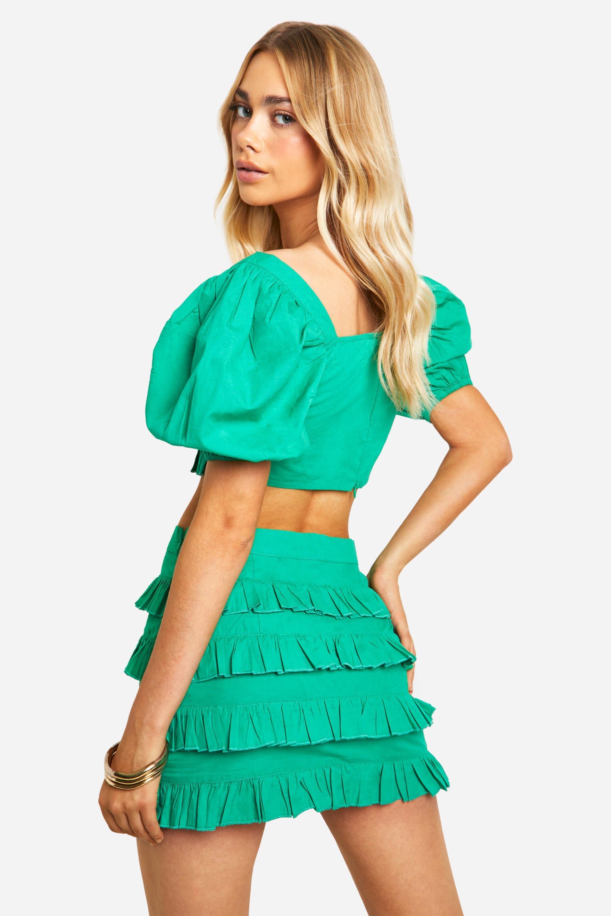 boohoo Women s Cotton Poplin Ruffle Mini Skirt Green Mini Skirts