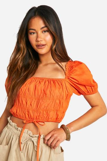 Orange Cotton Poplin Puff Sleeve Tie Detail Crop Top