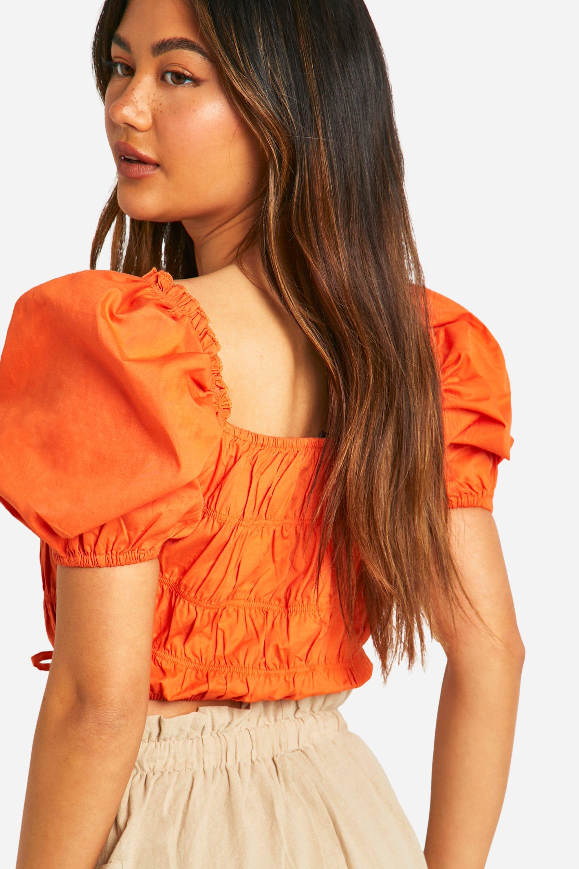 Orange puff sleeve crop top deals