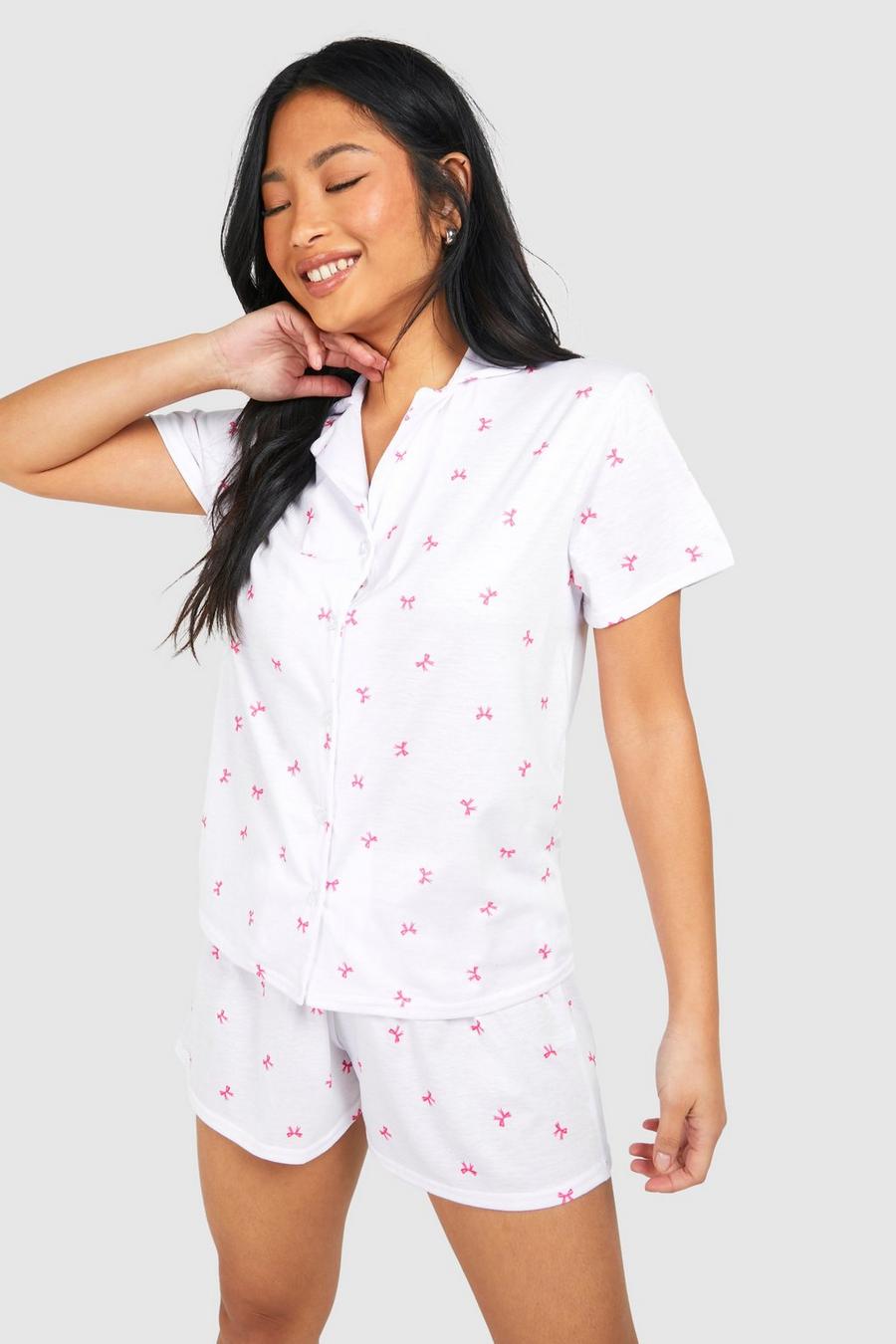 White Petite Pyjama Set Met Shorts En Strik image number 1