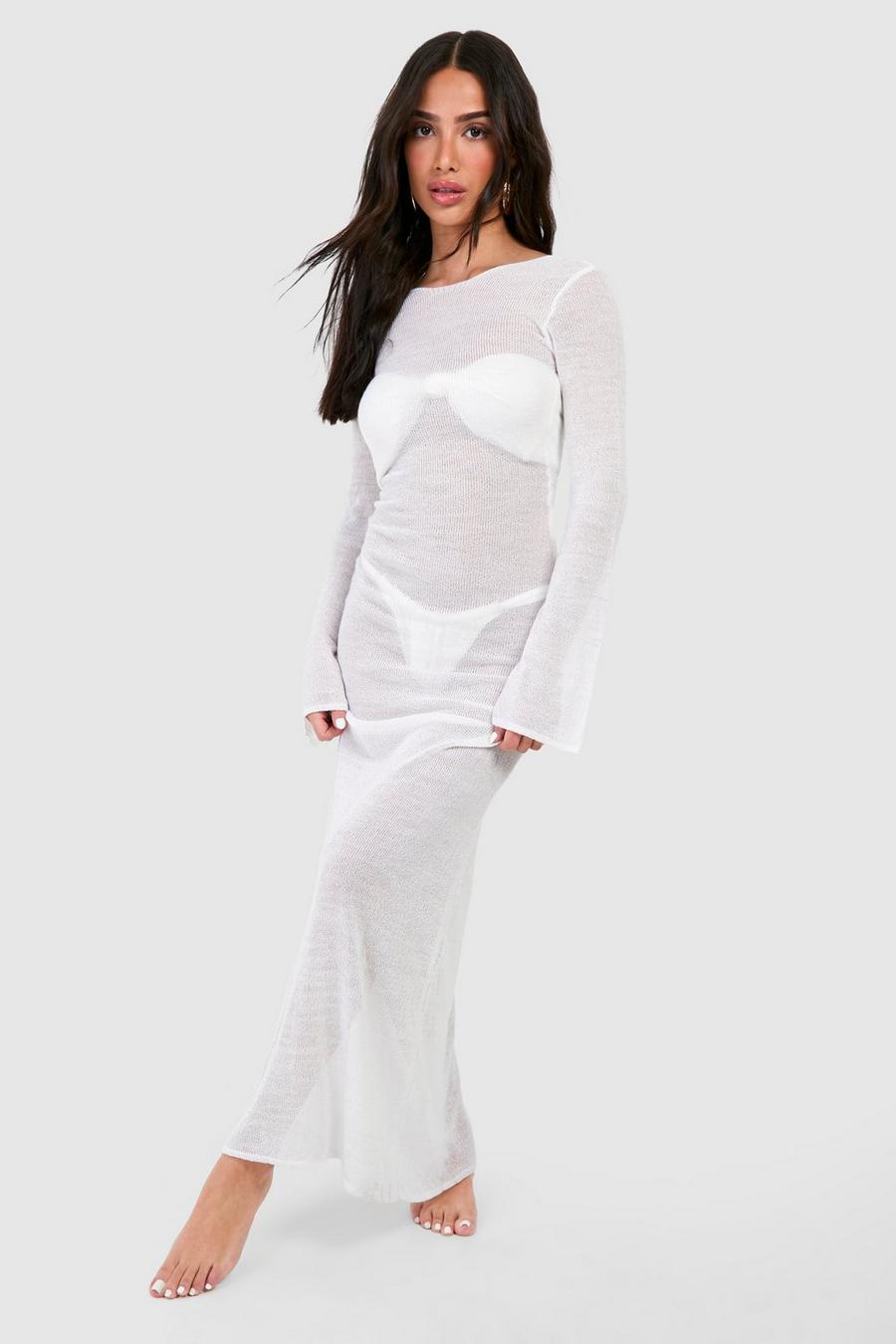 White Petite Knit Low Back Maxi Beach Dress image number 1