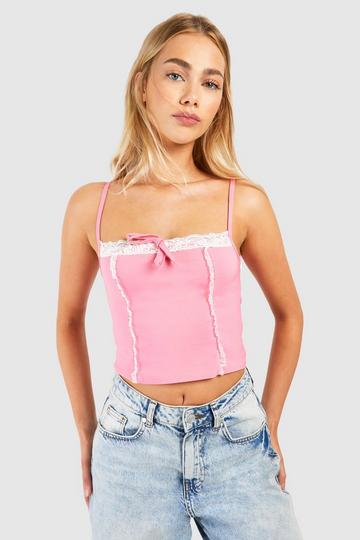 Pink Bengaline Lace Bow Detail Strappy Corset