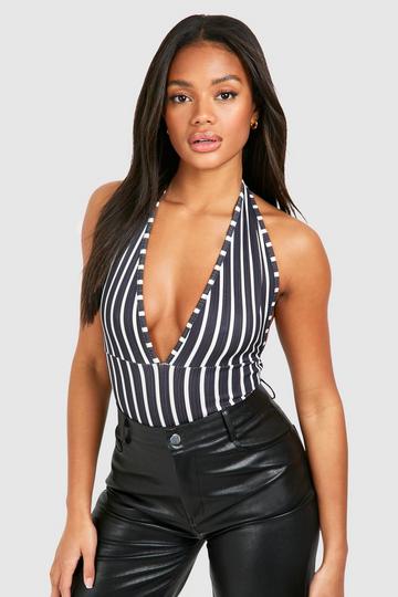 Stripe Halter Rib Bodysuit white