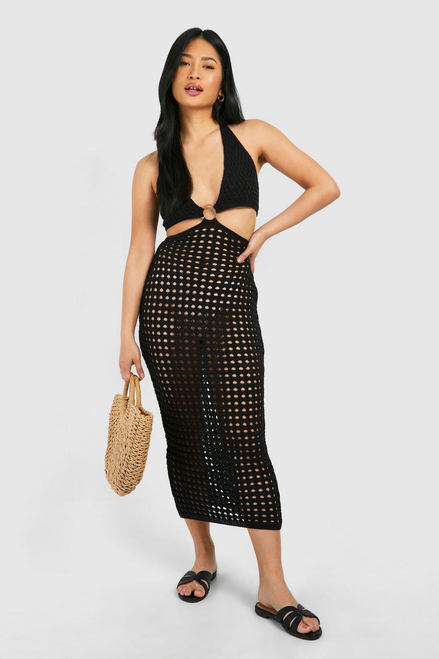 Black Petite Crochet Ring Detail Halter Maxi Dress