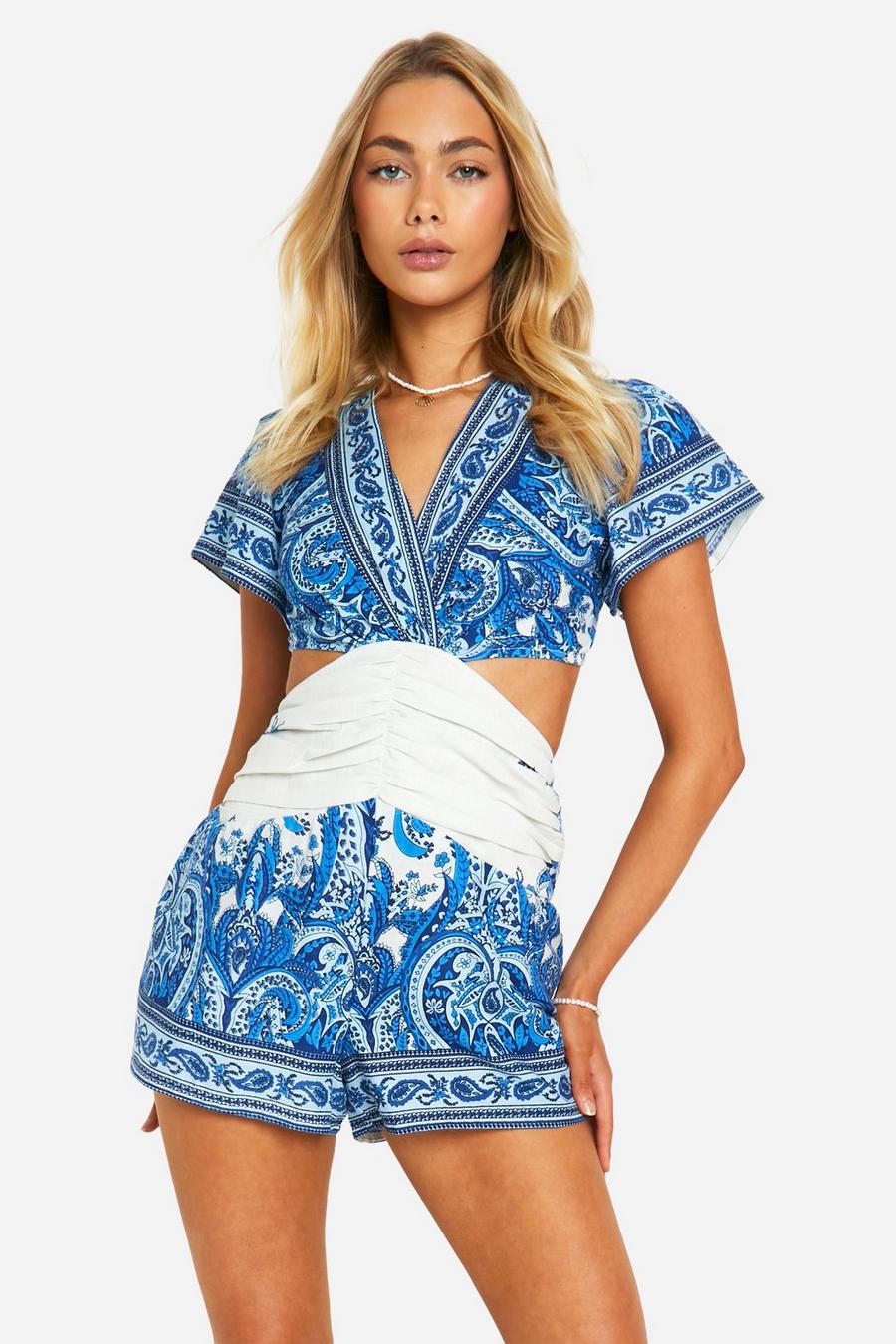 Blue Paisley Print Cut Out Playsuit image number 1